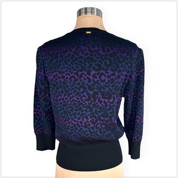 St. John Black Purple Blue Animal Leopard Print Button Front Cardigan Sweater P - Picture 3 of 4